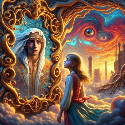 The primary subject of the image is a woman standing in front of a mirror. The setting is a fantasy world with a castle in the background. The visual style is a digital art illustration, featuring a detailed and colorful scene. The colors and mood of the image are vibrant and lively, with a sense of wonder and magic.